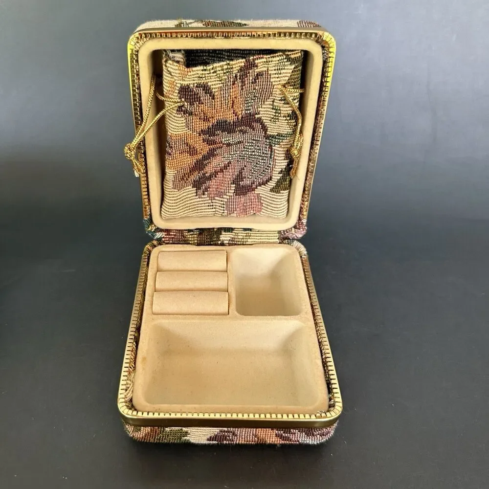 Vintage Tapestry Jewelry Box Travel Case Floral Needlepoint Coquette Case Holder